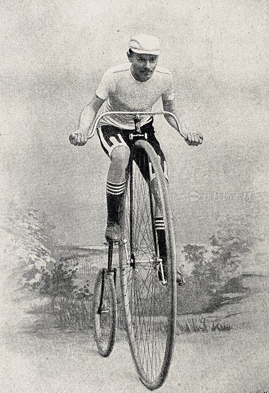 来自维也纳的自行车手Otto Beyschlag骑着一辆前轮破自行车